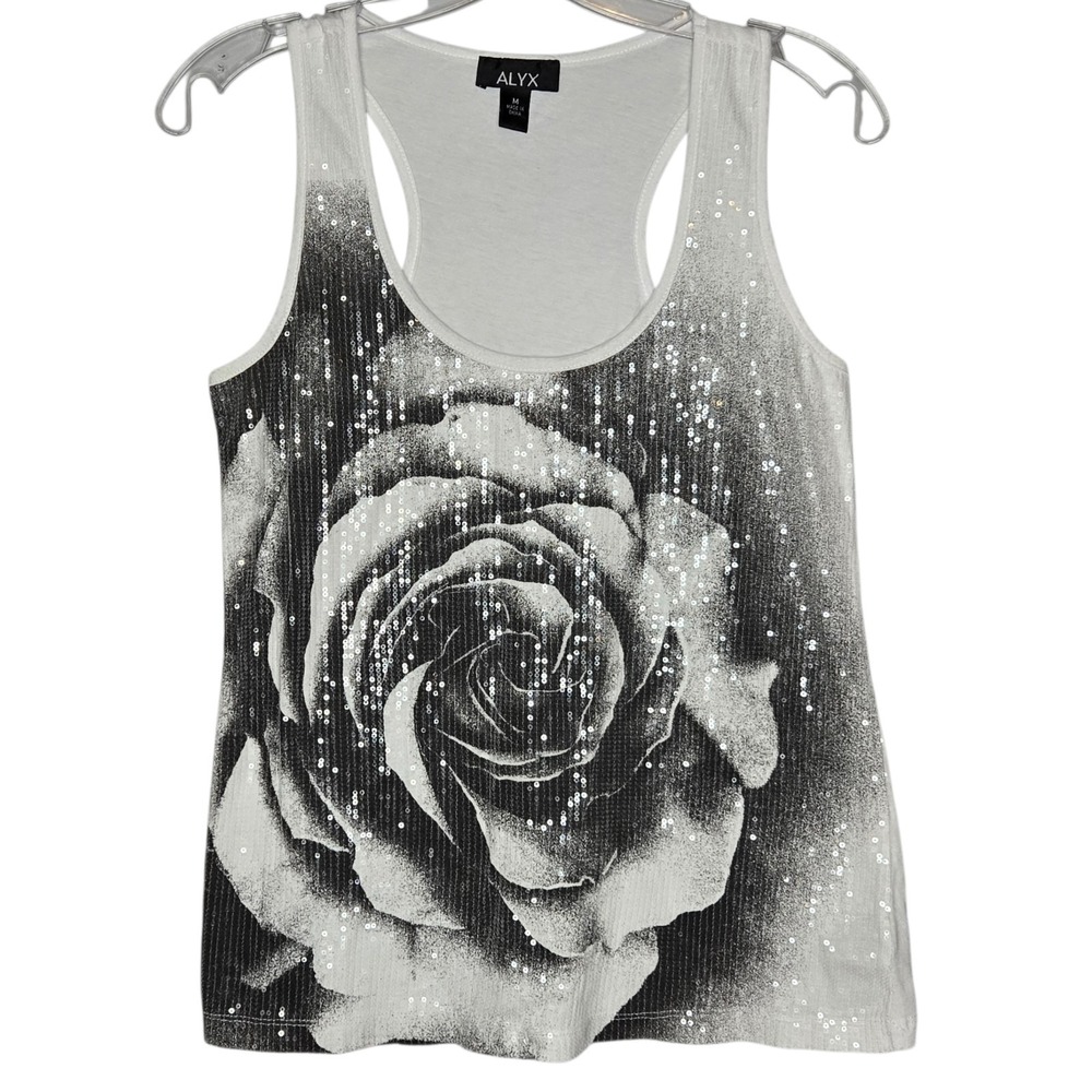 ALYX Sequin Rose Graphic Tank Top White Black Floral Racerback Cotton Women's M‎